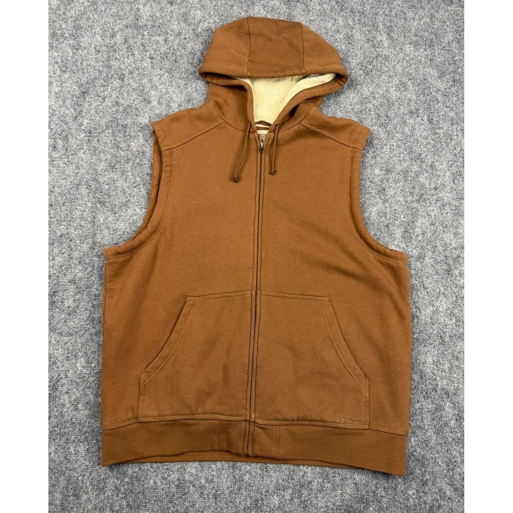 LL Bean Katahdin Iron Works Mens Large Brown Sherpa Lined Hooded Zip Vest 0JAF5